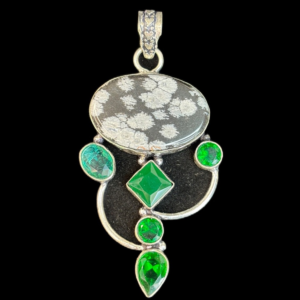 .925 Silver Overlay and Emerald & Snowflake Obsidian Gemstone Pendant